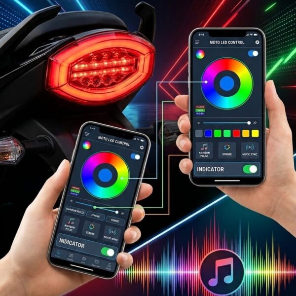 Smart RGB LED Backlight with Integrated Indicator for 125cc Bikes – Bluetooth App Control Multi-Color Tail Light with Music Sync Mode
