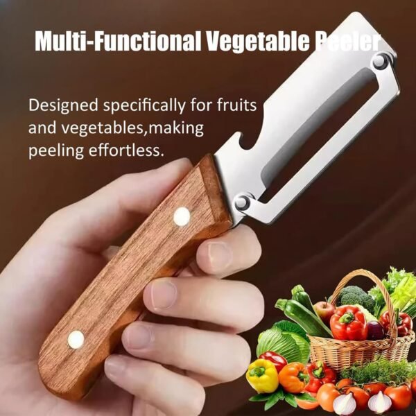 3-in-1 Multi-Functional Vegetable Peeler with Wooden Handle & Bottle Opener